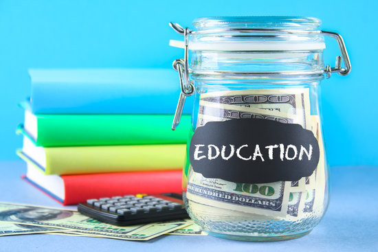 Bank with dollars and calculator, books on a gray background. Finance, moneybox, education