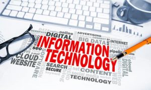 information technology word cloud on office scene
