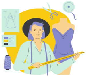 Graphic image of a fashion designer holding a measuring tape, with patterns, threads, clothes and accessories on the background