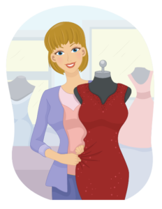 Graphic image of a woman holding a mannequin with a red dress 
