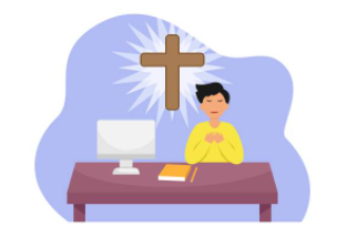 Boy praying before virtual Christian Education
