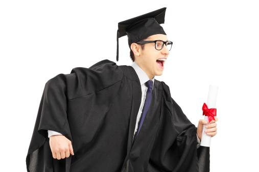 Graduate student running and holding a diploma isolated on white background