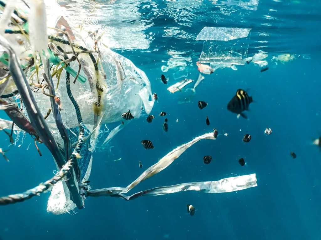 Plastic bottles, bags, and debris floating in an ocean