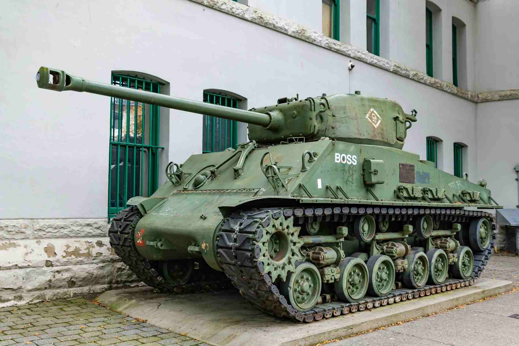 A military tank displayed on a museum