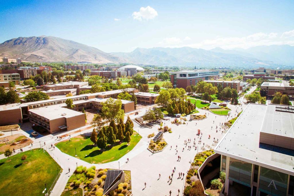 Aerial view of a college campus in Utah on a sunny day