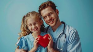 Doctor and little girl holding a miniature plastic heart together