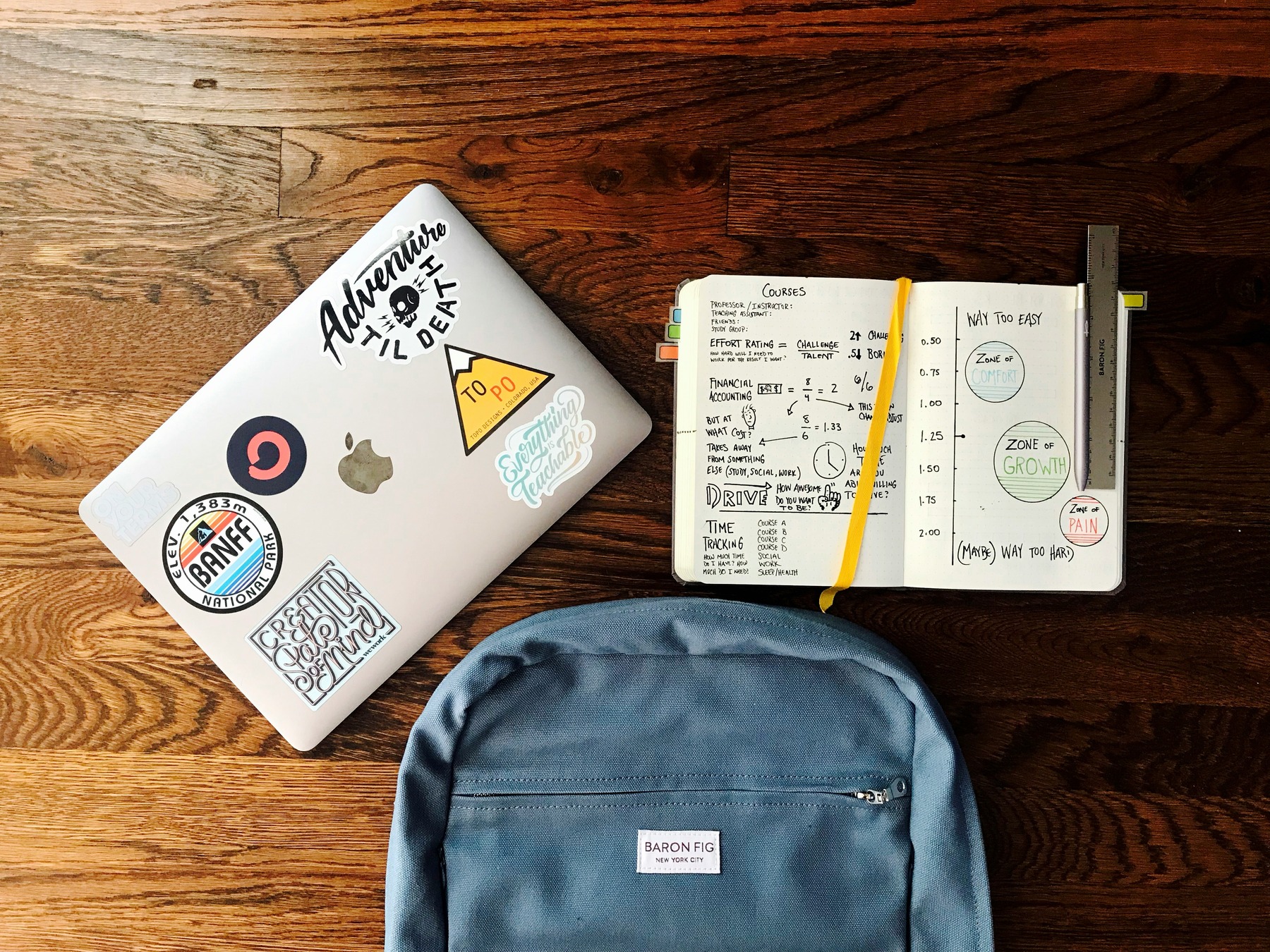 Notebook, laptop and a bag on a wooden table
