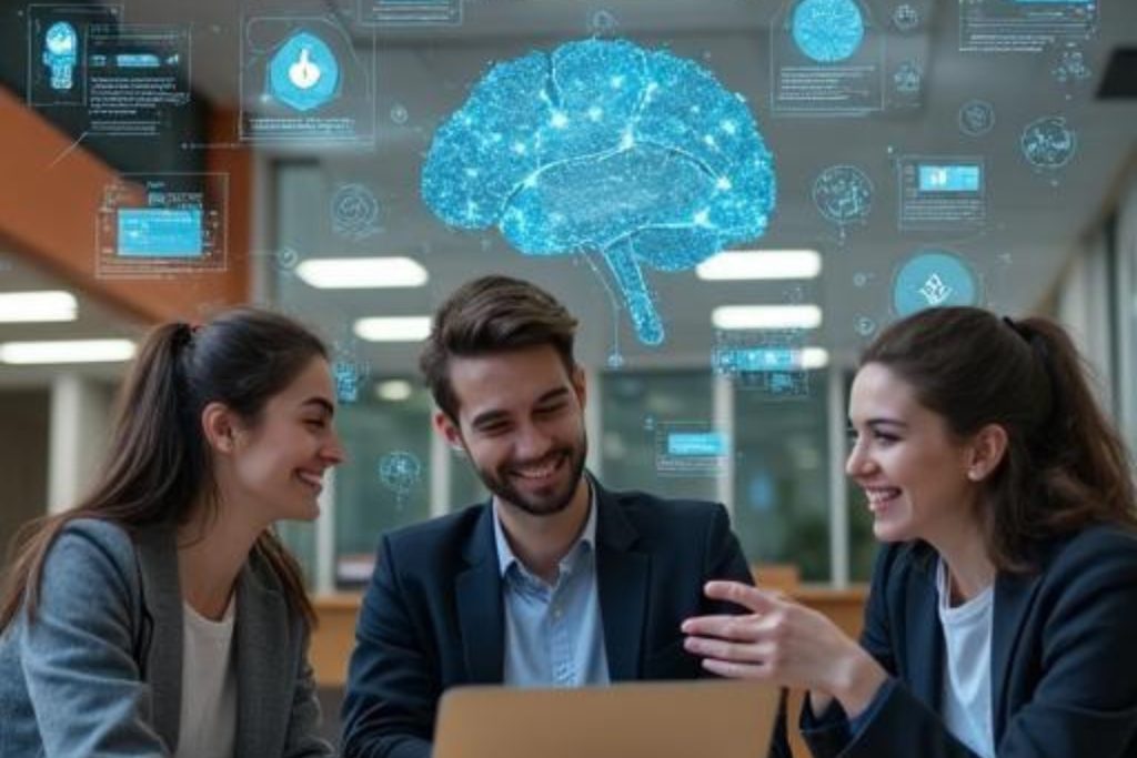 college students discussing AI tools looking at their laptops, with AI concept around them