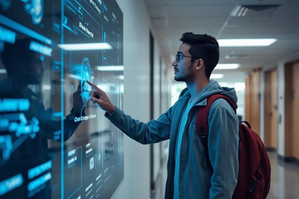 college student choosing a degree from high-tech AI board in college hallway