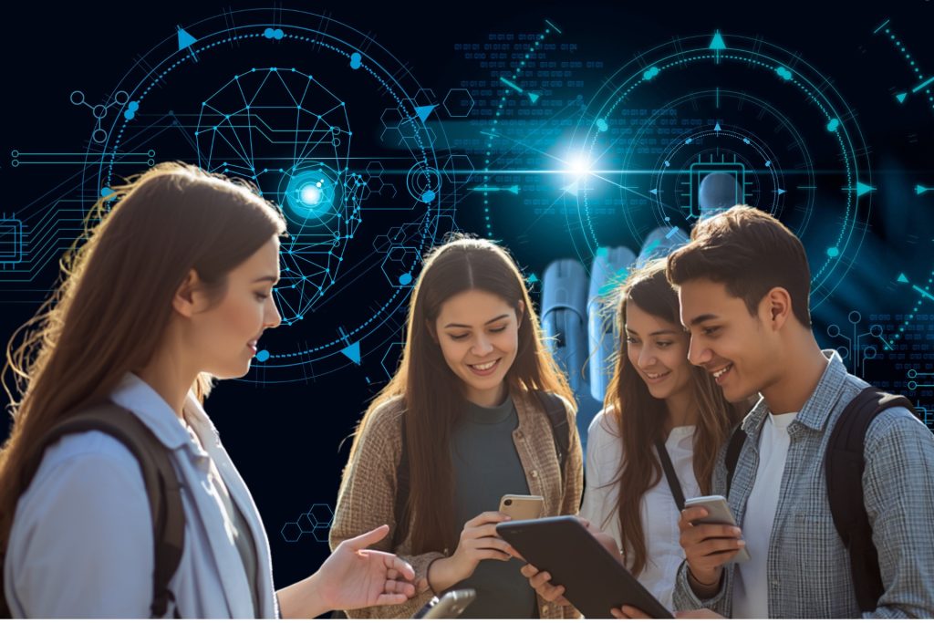 college students discussing AI with AI concept in background