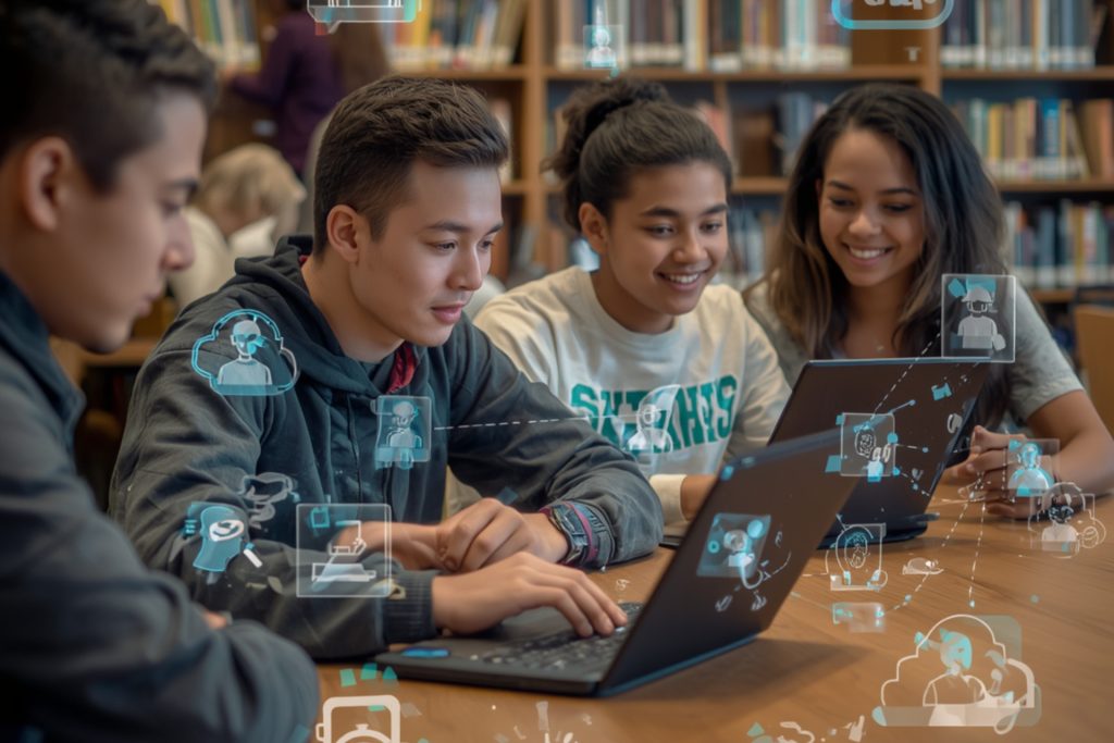 college students in library using ChatGPT