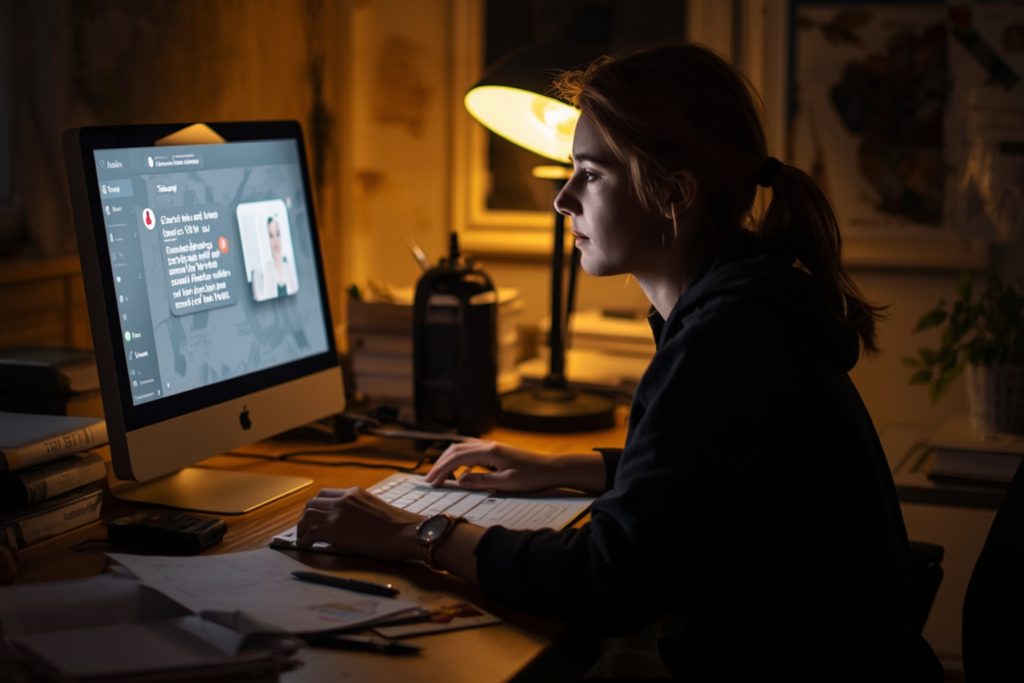 female college student studying at night and talking to ChatGPT