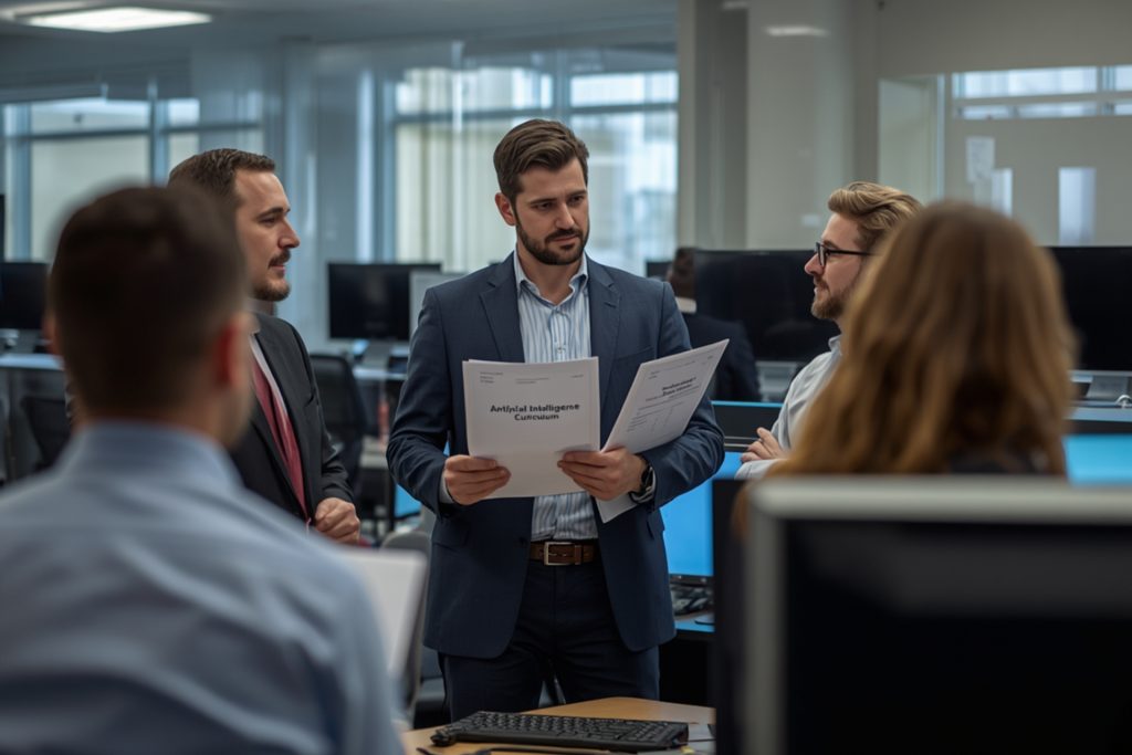 male college professor speaking with fellow male and female professors in a modern university room