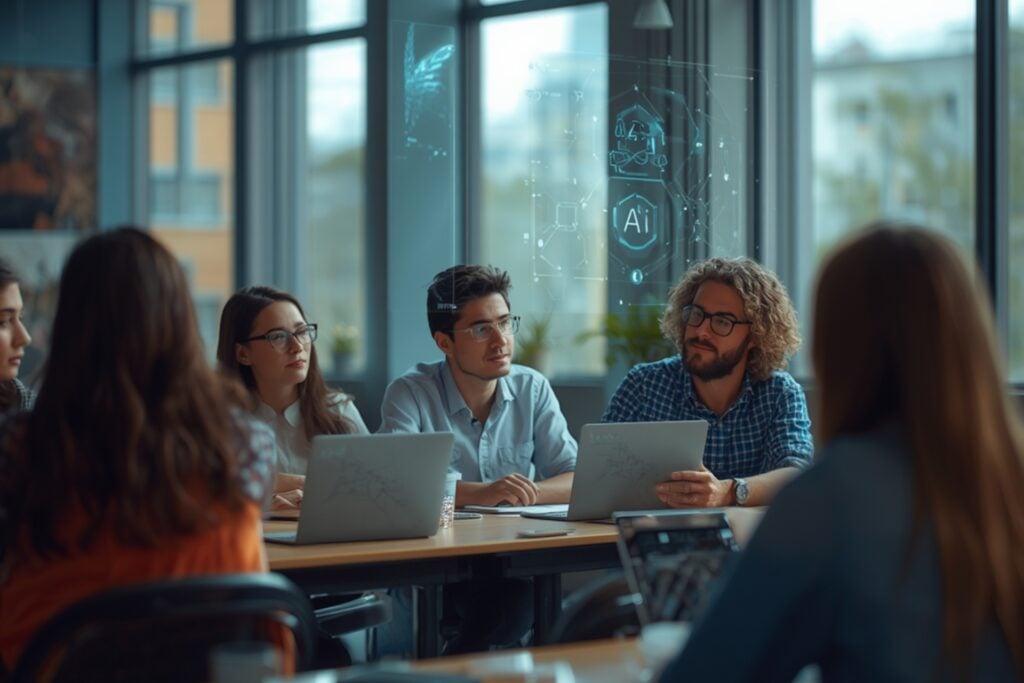 AI and innovation students busy discussing a project in a modern room