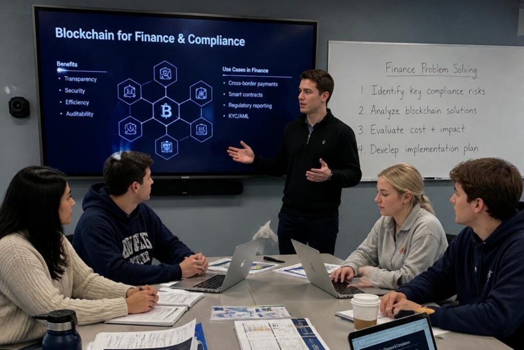 Blockchain for Finance & Compliance degree students busy doing work under the supervision of a finance expert in class