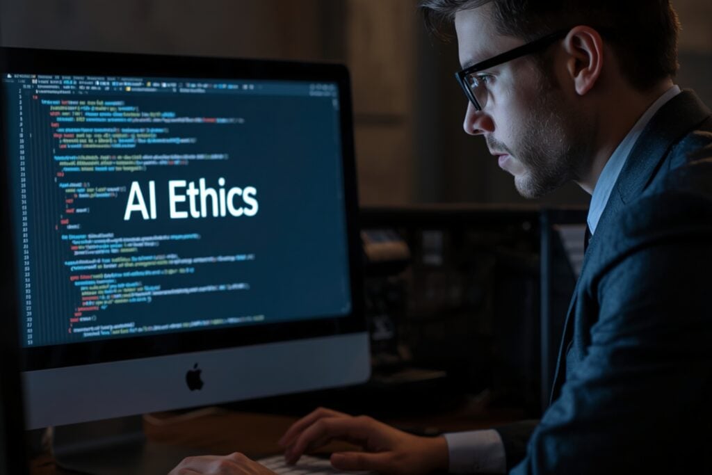 male AI expert working on AI ethics on his computer screen