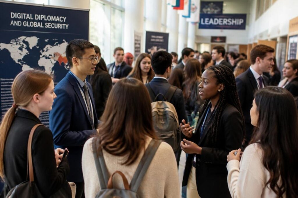 crowd of students talking about digital diplomacy and global security in a college hallway