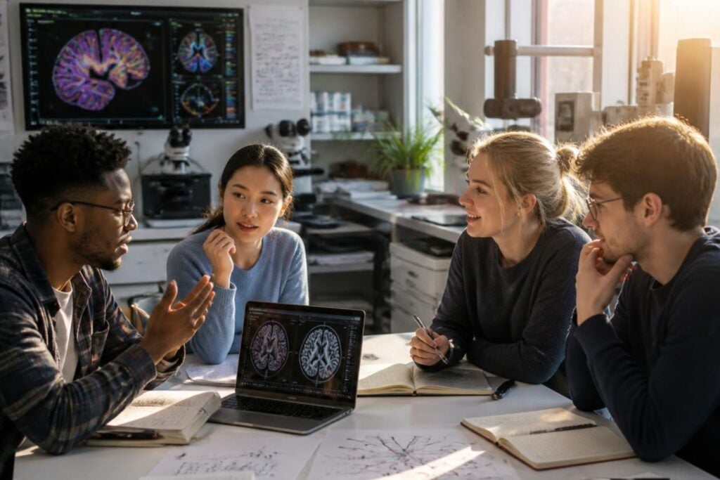 neuroscience grad students busy taking notes and discussing