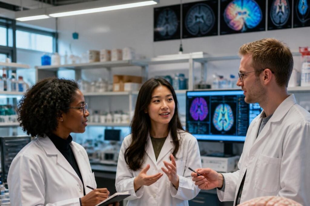 neuroscience students discussing their projects in graduate school laboratory