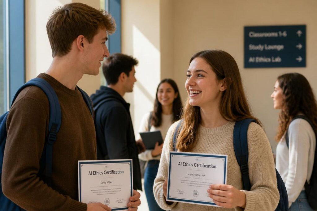 American college students talking to each other in a modern college hallway, each of them holding an AI Ethics Certification