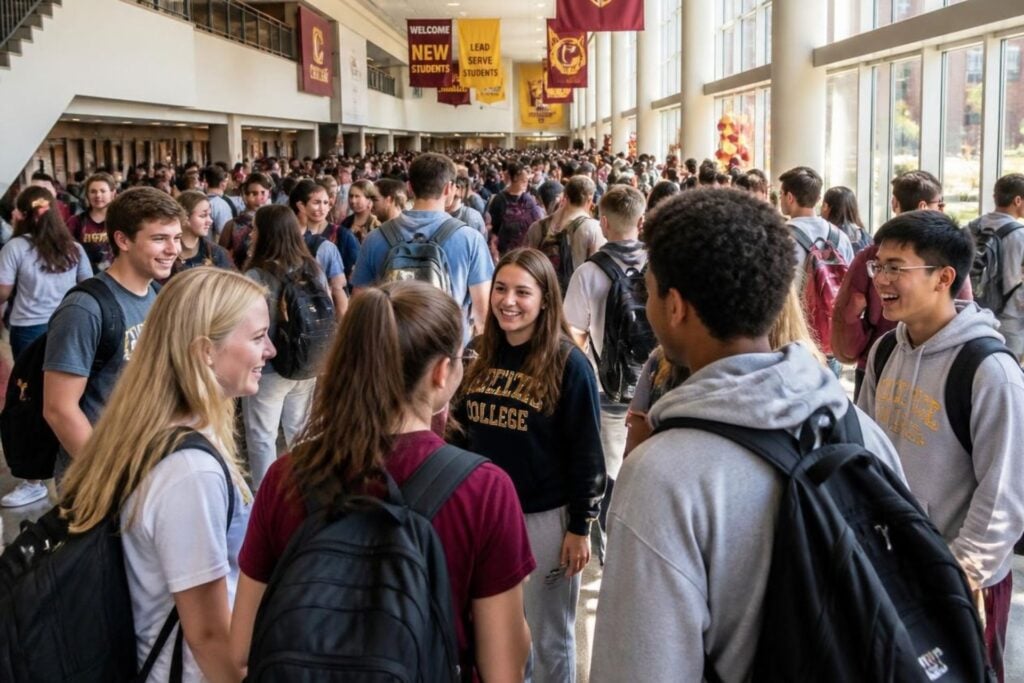 a crowd of college students crowding the hallway