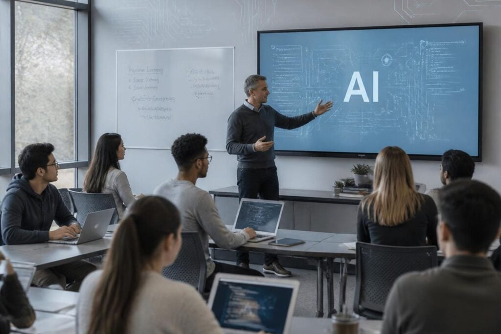 a modern classroom full of college students and professor teaching AI