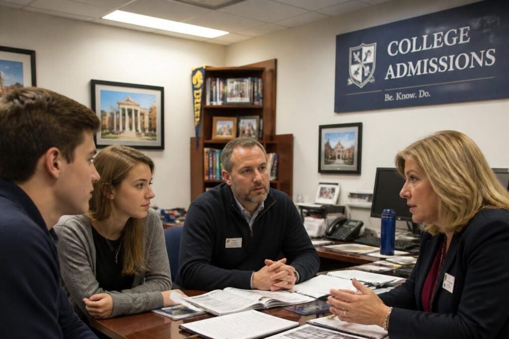 college students in admissions office speaking with college admissions officers