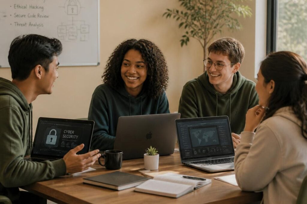 cybersecurity college students discussing projects in modern college room