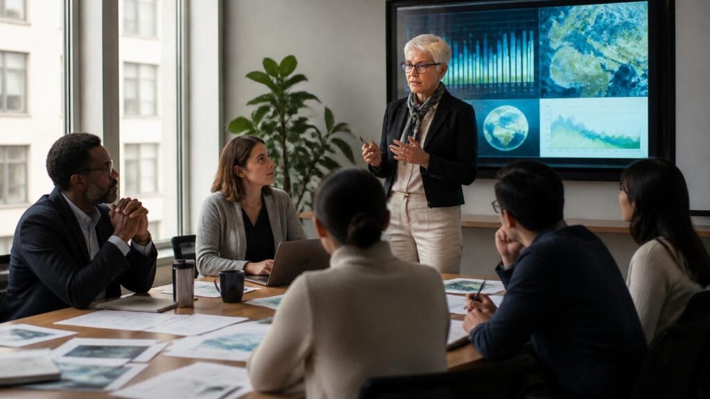 American climate policy analysts gathered in a modern meeting room with an international visiting professor