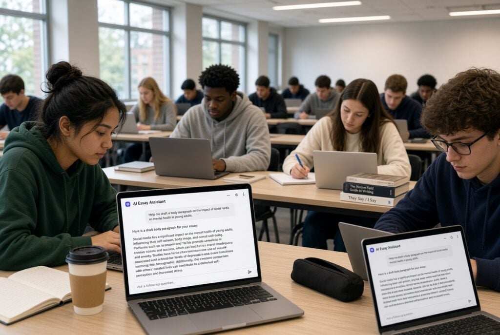 college applicants drafting essays with AI tools on their laptops