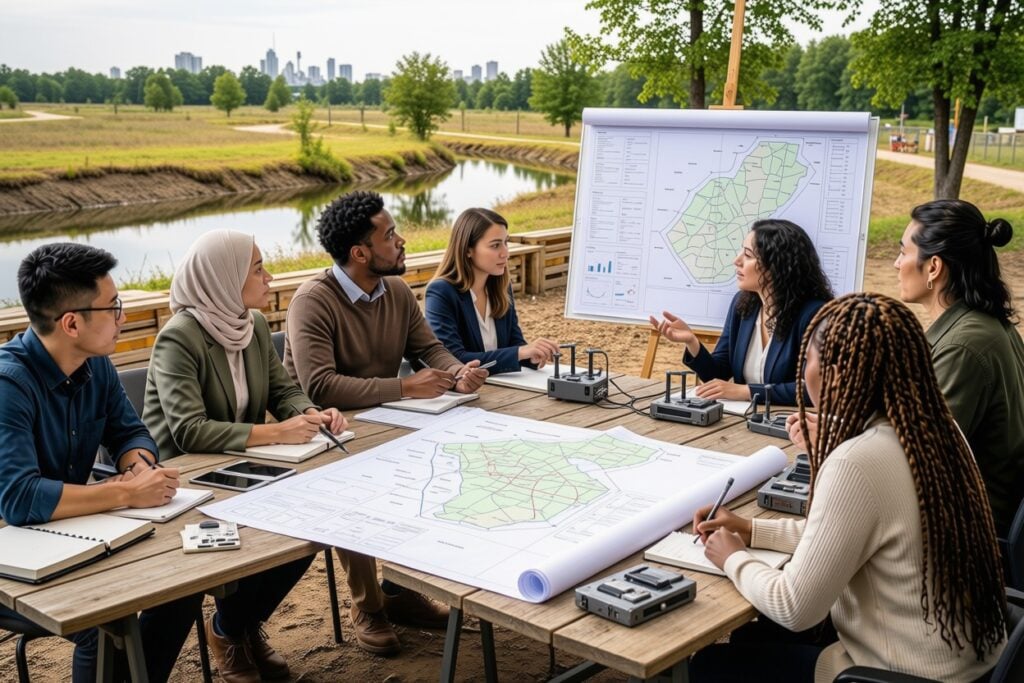 culturally diverse team of climate-policy PhD students working together around project plans and maps